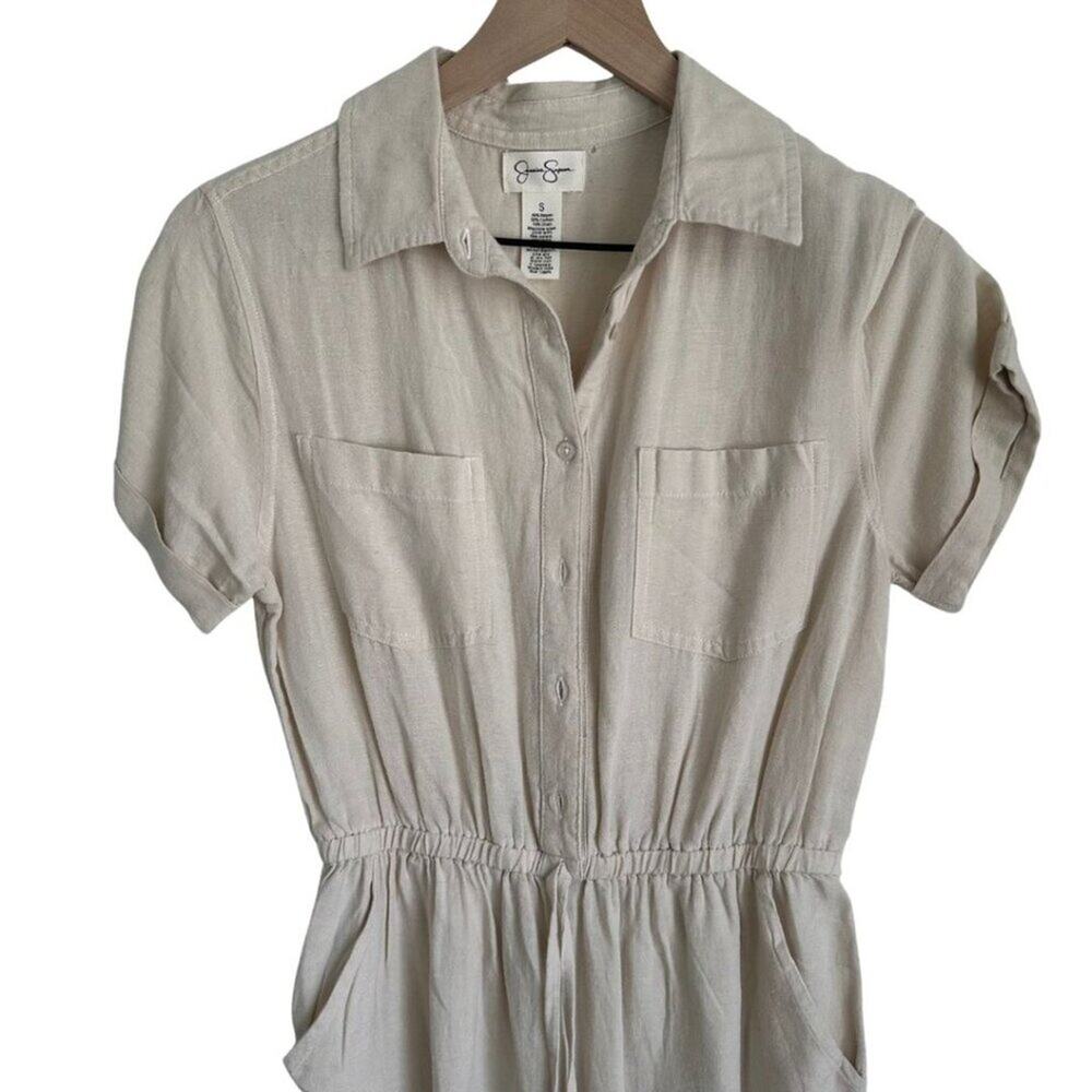 Jessica Simpson Short Sleeve Linen Jumpsuit Beige Small - Picture 2 of 9
